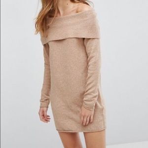 Off the shoulder sweater dress.